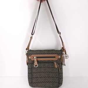 Giani Bernini Block Signature Crossbody Zip Logo Brown Tan Handbag Purse Silver
